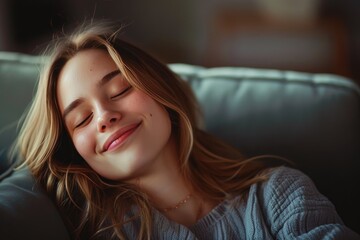 Happy woman with eyes closed in relaxing home environment