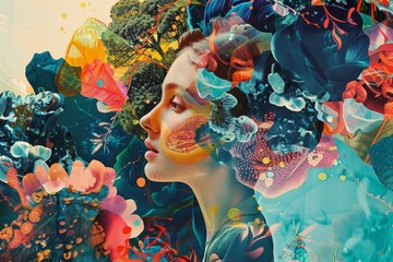 Poster - A painting featuring a womans face encircled by vibrant flowers, showcasing a blend of femininity and botanical beauty, Capturing the essence of curiosity and discovery in a vibrant collage
