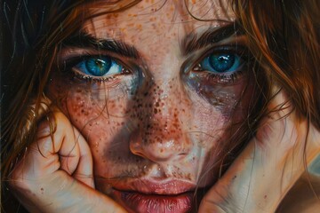 Sticker - A painting depicting a woman with freckles on her face, highlighting her unique features in a realistic style, Capturing the essence of genuine emotions in a portrait