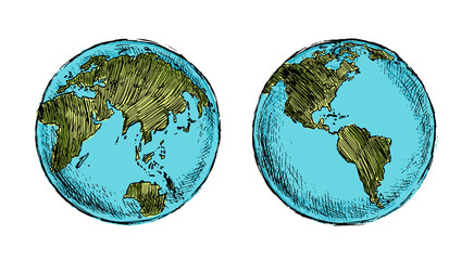 Wall Mural - Globe sketch. Hand drawn earth planet with continents and oceans. Doodle world map vector illustration. Planet and world sketch map with ocean and land.