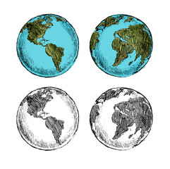 Wall Mural - Globe sketch. Hand drawn earth planet with continents and oceans. Doodle world map vector illustration. Planet and world sketch map with ocean and land.
