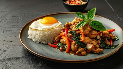 Wall Mural - A plate of Thai basil chicken with bright colors. Top with a fried egg and jasmine rice