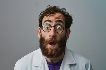 Wall Mural - A surprised bearded man wearing glasses and a white lab coat stands against a plain background, conveying a sense of shock or discovery