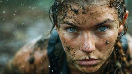 Wall Mural - A woman with wet hair and a dirty face is standing in the rain