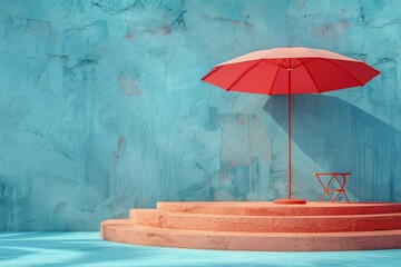 Poster - Red Umbrella and a Patio Set Against a Blue Wall