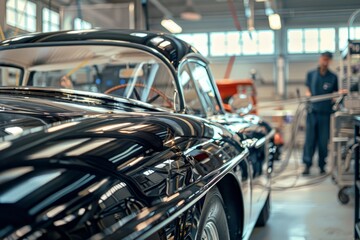 Poster - a man standing beside a black car in a garage, inspecting the vehicle closely, car being meticulousl