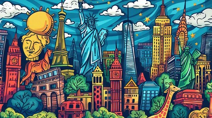  This is an illustration of a city with many famous landmarks