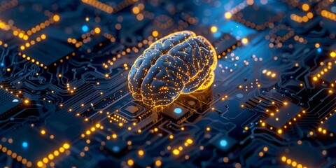 Poster - A brain model symbolizes AI technology on a circuit board, blending digital innovation and cuttingedge computing