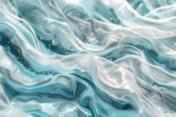 Detailed view of a vibrant blue and white backdrop with intricate patterns and textures, Cascading waves of shimmering silver and turquoise cascading down a velvet sky