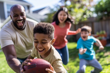 A diverse family playing football in the backyard, smiling and having fun. Concept for family bonding and outdoor activities