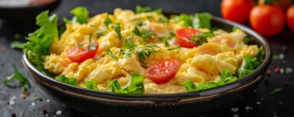 A delectable dish of scrambled eggs with tomatoes and lettuce garnish is served in a black bowl, combining simplicity and elegance for a nutritious and tasty meal.