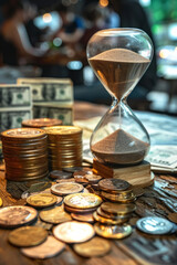 A glass hourglass with sand flowing down sits on a wooden table with stacks of coins and money bills in the background