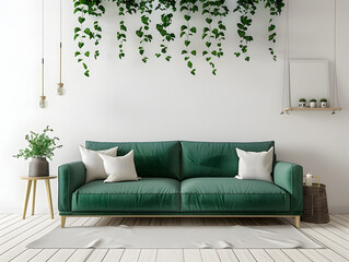 Living room interior wall mock up with green sofa and plant on white wall