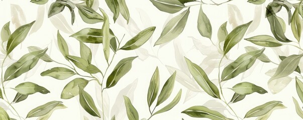 Seamless fabric pattern with delicate olive leaves, soft hues and intricate details, ideal for elegant textiles