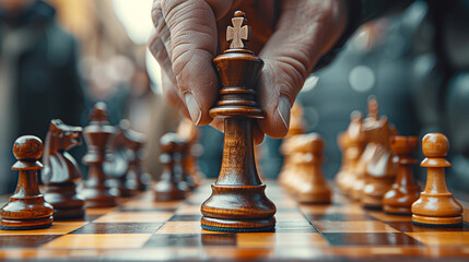 a wide closeup photo, active move hand of a man holding and moving wooden king chess piece during a chess game 