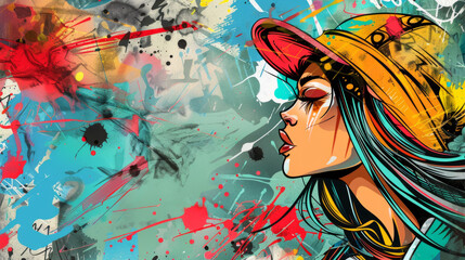 young girl on a bright background graffiti style