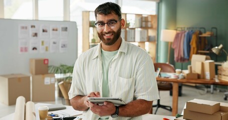 Poster - Shipping, small business and portrait of man with tablet for stock check, order or inventory. Logistics, tech and face of happy person at ecommerce startup store for delivery with fashion designer