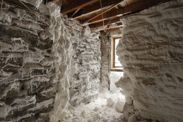 Canvas Print - Snow has accumulated on the walls of a room, creating a unique wintry scene indoors, Cellulose insulation blown into wall cavities