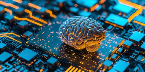 Poster - A brain model symbolizes AI technology on a circuit board, blending digital innovation and cuttingedge computing