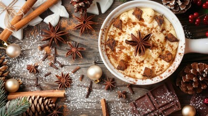 Sticker - Rustic top down view of Christmas dessert with cinnamon chocolate drops for the holiday feast