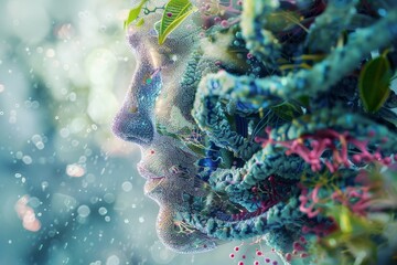 Poster - A womans face adorned with vibrant blue and pink flowers, Challenge traditional artistic boundaries by incorporating biotechnological concepts into your work