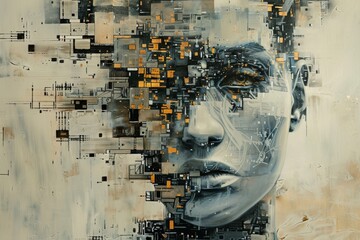 Poster - A painting featuring a womans face with yellow squares integrated into the composition, Challenge traditional perceptions of art by reinterpreting binary technology