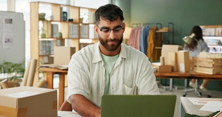 Aufkleber - tailor, man and laptop in small business for order, inventory check and stock at sme. shipping, comp