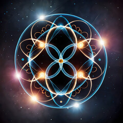 Wall Mural - Symmetrical Atomic Structure with Glowing Orbs in Cosmic Space