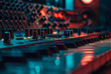 Detailed view of a sound mixing console with various knobs, sliders, and buttons, Challenge yourself to create a unique and engaging composition with noise