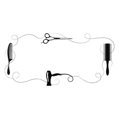 Wall Mural - Black hair dryer scissors comb, beauty salon frame