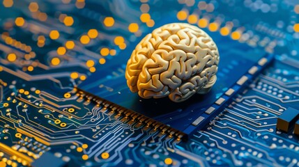 Poster - A brain model symbolizes AI technology on a circuit board, blending digital innovation and cuttingedge computing