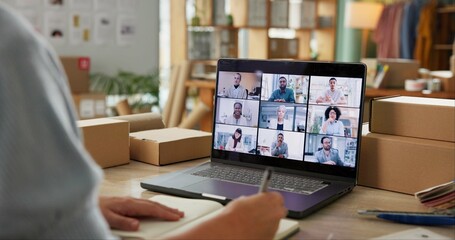 Aufkleber - Boxes, video call and business people with computer, screen and planning for connection. Virtual presentation, group and employees with pc, ecommerce stakeholder and b2b collaboration with webinar
