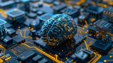 Poster - A brain model symbolizes AI technology on a circuit board, blending digital innovation and cuttingedge computing