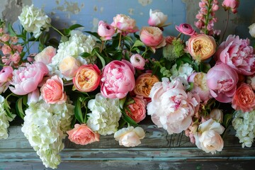 Poster - A variety of vibrant peonies and hydrangeas arranged neatly on a table, Charming peonies and hydrangeas