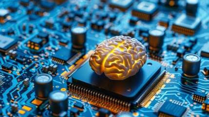 Poster - A brain model symbolizes AI technology on a circuit board, blending digital innovation and cuttingedge computing