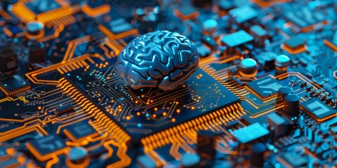 Poster - A brain model symbolizes AI technology on a circuit board, blending digital innovation and cuttingedge computing