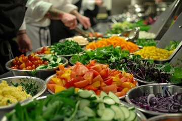 Wall Mural - A buffet line filled with a colorful array of fresh vegetables for a gourmet salad preparation, Chefs preparing a gourmet salad with a variety of toppings