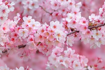 Wall Mural - Detailed view of vibrant pink cherry blossoms in full bloom on a tree branch, Cherry blossoms in full bloom