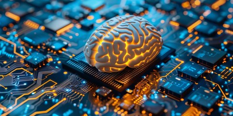 Poster - A brain model symbolizes AI technology on a circuit board, blending digital innovation and cuttingedge computing