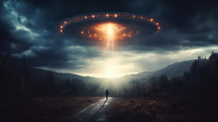 man looking at alien ufo flying in the sky