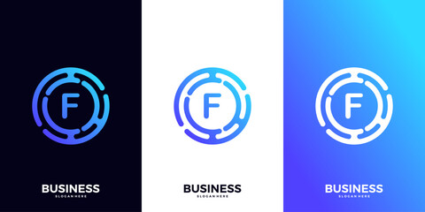 Letter F gradient tech logo design template. Abstract global symbol with circle connection logo.