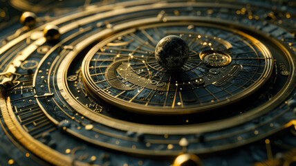 Wall Mural - astrological signs on gold circle, abstract vintage zodiac wheel with golden planets, stars and symb