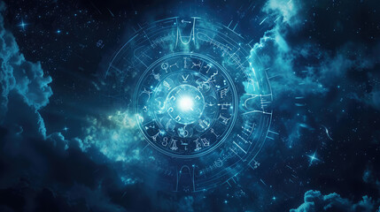 Wall Mural - astrological signs on glowing circle in dark blue sky, abstract zodiac wheel with stars in space. co