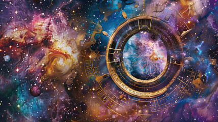 Wall Mural - astrological signs on shiny golden circle in space, abstract zodiac wheel with stars and galaxy. con