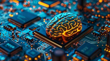Poster - A brain model symbolizes AI technology on a circuit board, blending digital innovation and cuttingedge computing