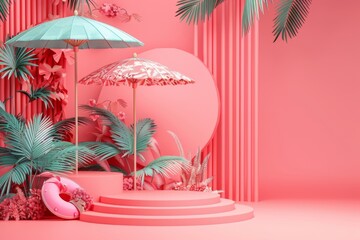 Pink Summer Scene with Palm Trees and Umbrellas