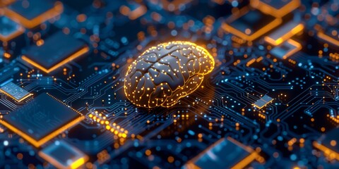 Poster - A brain model symbolizes AI technology on a circuit board, blending digital innovation and cuttingedge computing
