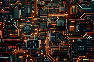 Canvas Print - Detailed view of circuit board patterns and geometric shapes, Circuit board patterns and geometric shapes blending together