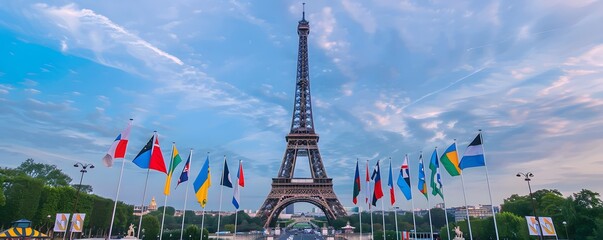 The Eiffel Tower in Paris with international flags under a cloudy blue sky, showcasing global unity and iconic architecture.