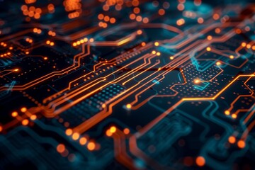 Poster - Detailed view of circuits and nodes creating a digital ecosystem on a computer circuit board, Circuits and nodes creating a digital ecosystem